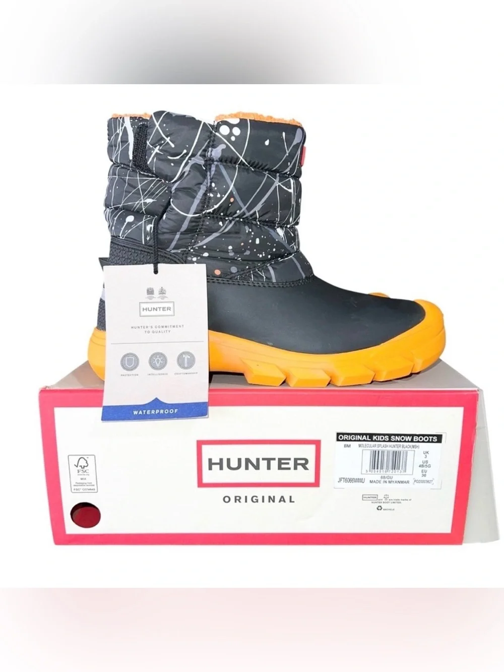 Hunter Boots Boys Size 4 Black Orange Gray Winter Molecular Insulated Waterproof